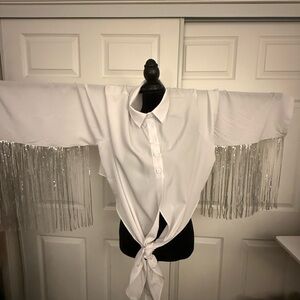 White Button-Up Fringe Tie-Front Top